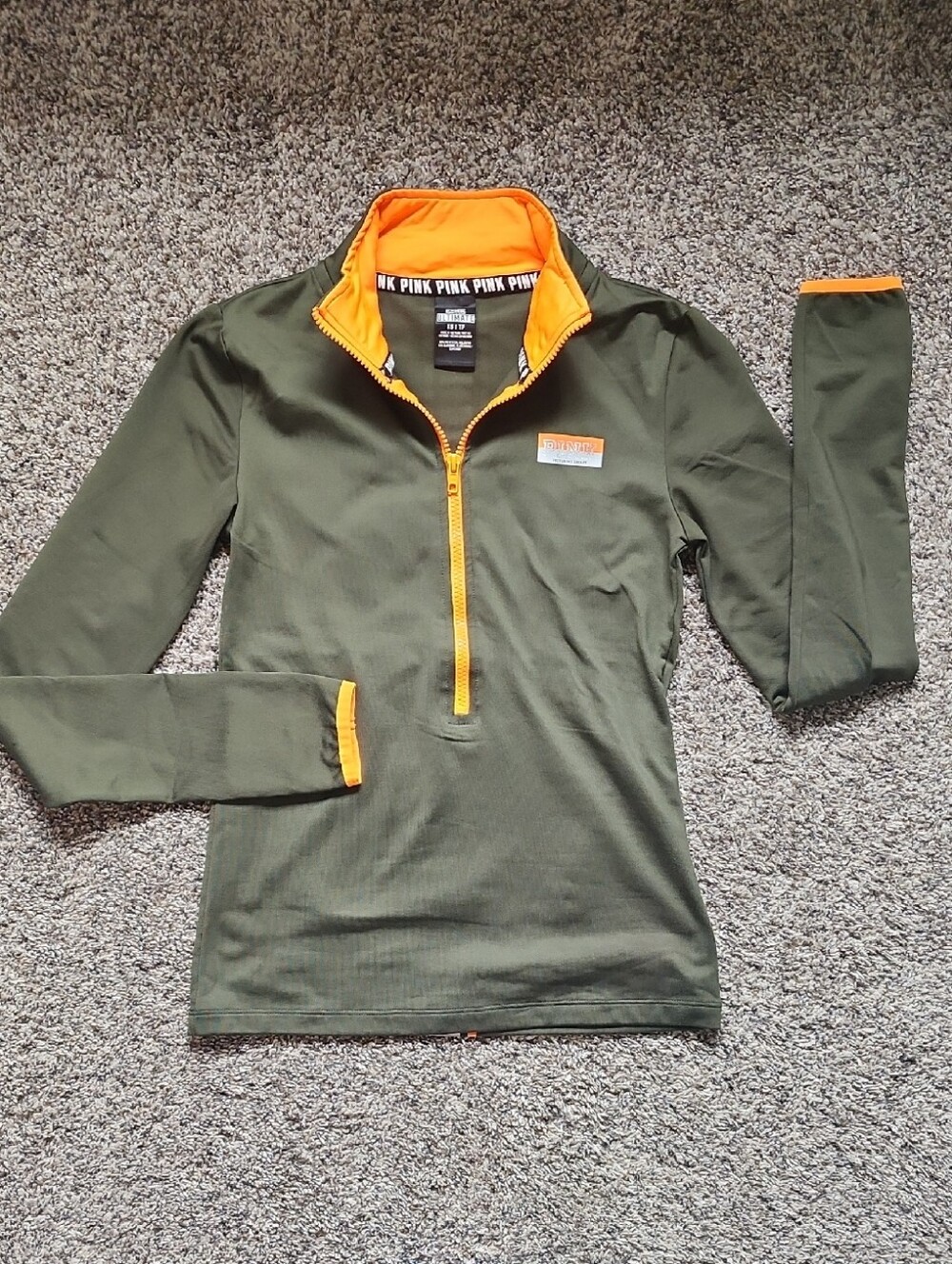 PINK Olive Green Pullover with Bright Orange Trim